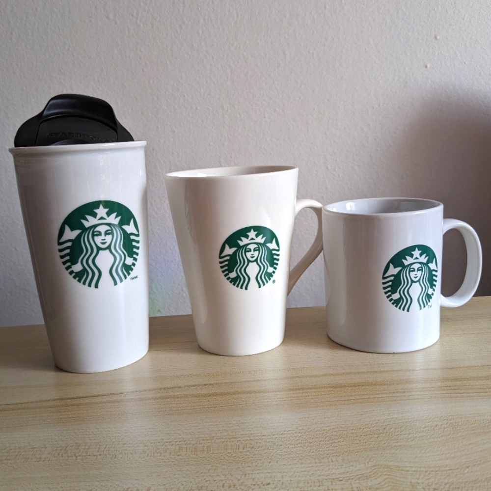 Lot Of 3 Starbucks Mugs All Green Siren Mermaid Logo different styles and sizes